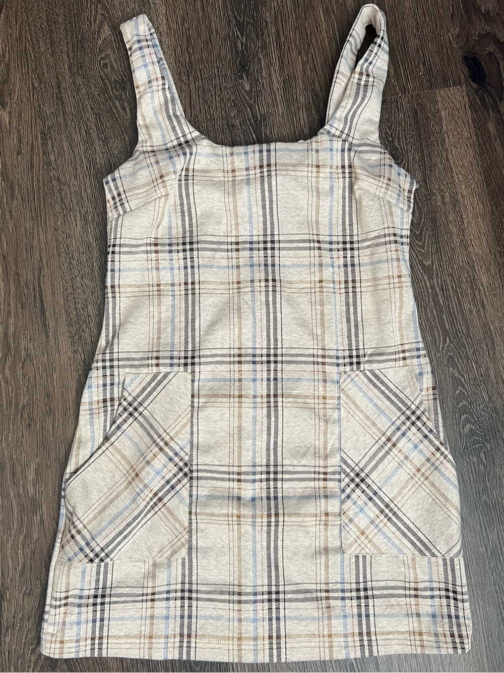 NWT Altar’d State Tan/Blue Plaid Square-neck Mini Dress with Pockets Size Small